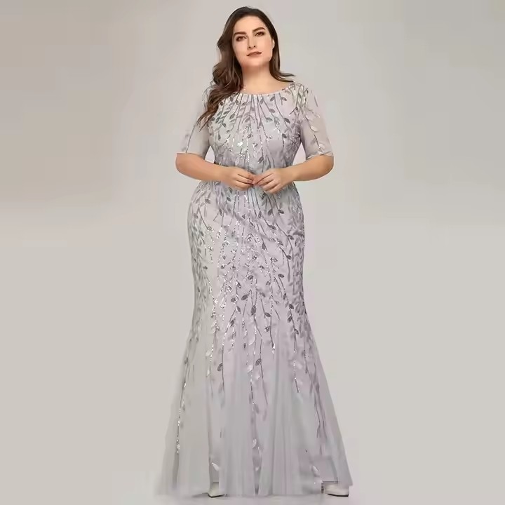 Women Elegant Party Prom Gowns Short Sleeve Beaded Leaves Pattern Formal 2025 Plus Size Sequin Mesh Mermaid Slim Evening Dress