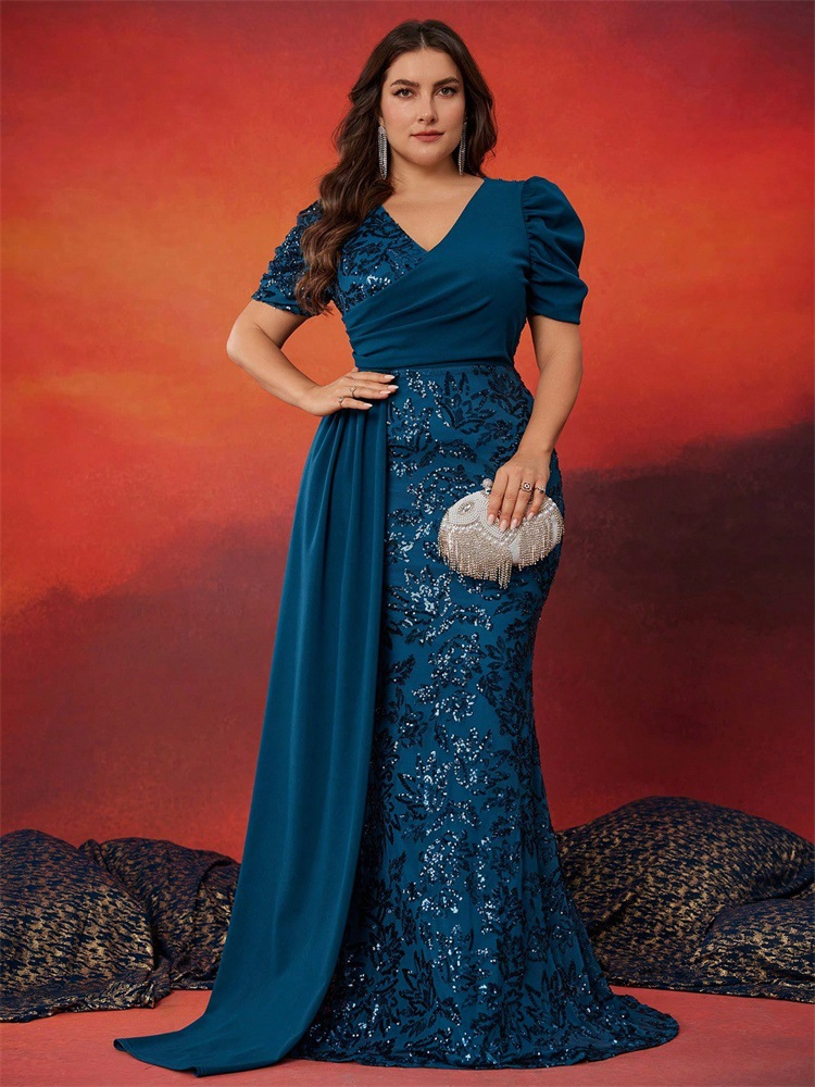 Fat Granny Large Elegant Bead Splicing Fit V-Neck Short Sleeve Cocktail Dress Mother Dress