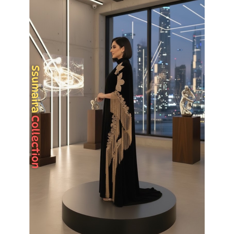 Luxury Black Nida Cape Abaya Gold Floral Embroidery Tassel Detail Natural Waist Elegant Modest Evening Wear Summer Velvet/Double