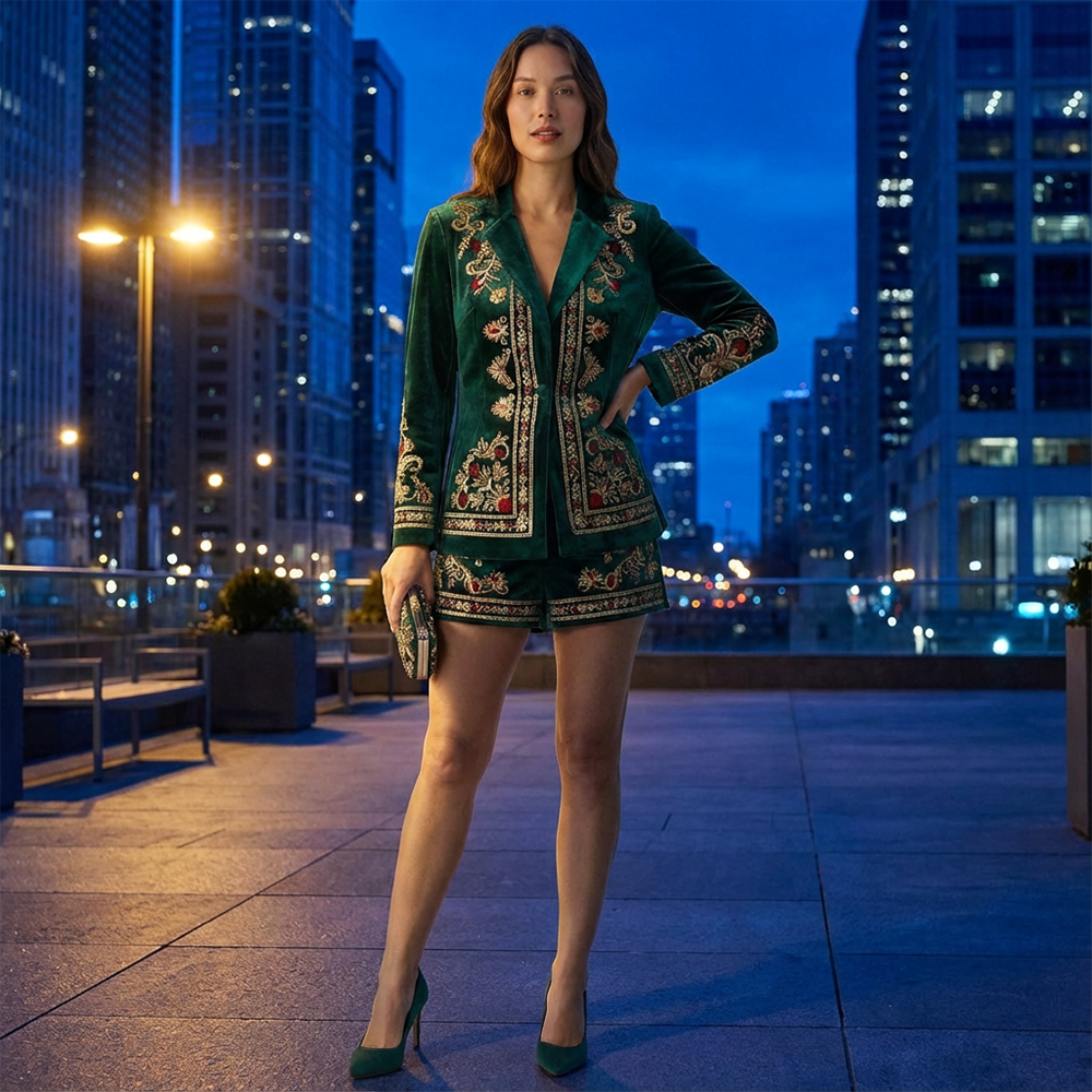 Elegant Women's Velvet Embroidered Blazer And Shorts Set Luxury Two Piece Formal Suit For Wedding Party &amp; Office