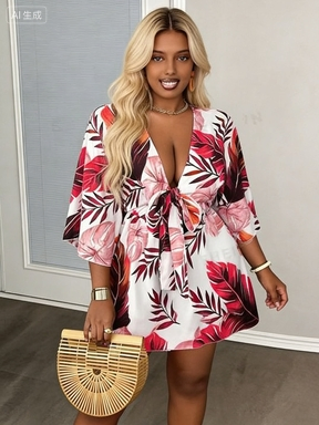 Tropical Leaf Print Deep V-Neck Tie Waist Mini Dress - Chic Summer Boho Beachwear for Women