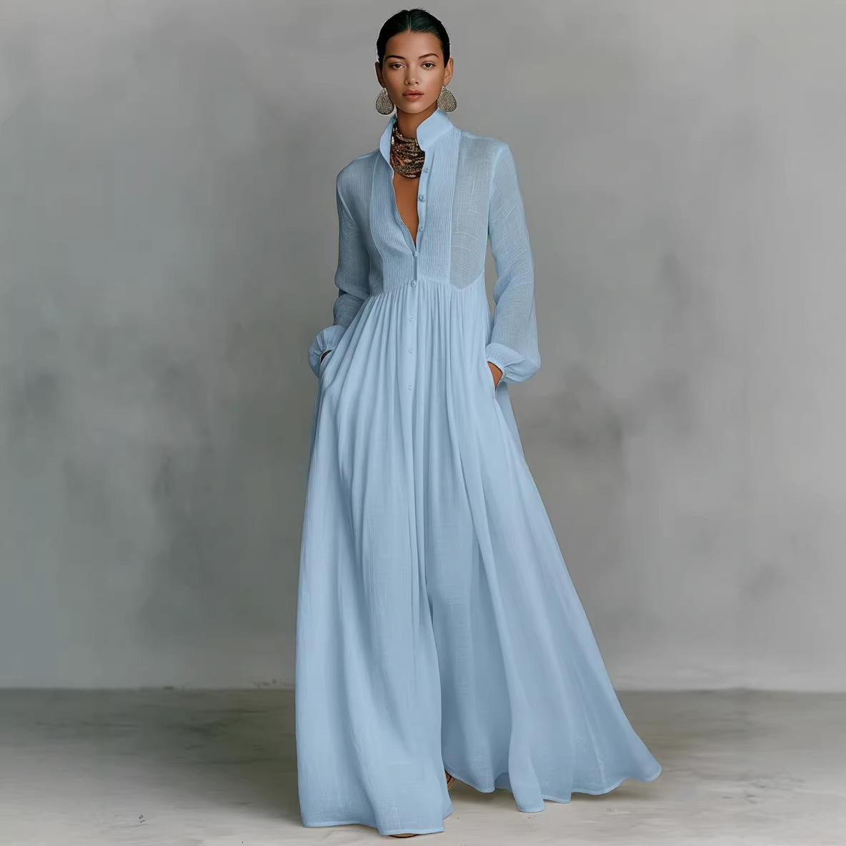 2026 Cross-border Spring/Summer New Elegant Waist-Cinching Figure-Flattering Long-Sleeve Pleated White One-Piece Cashmere Dress
