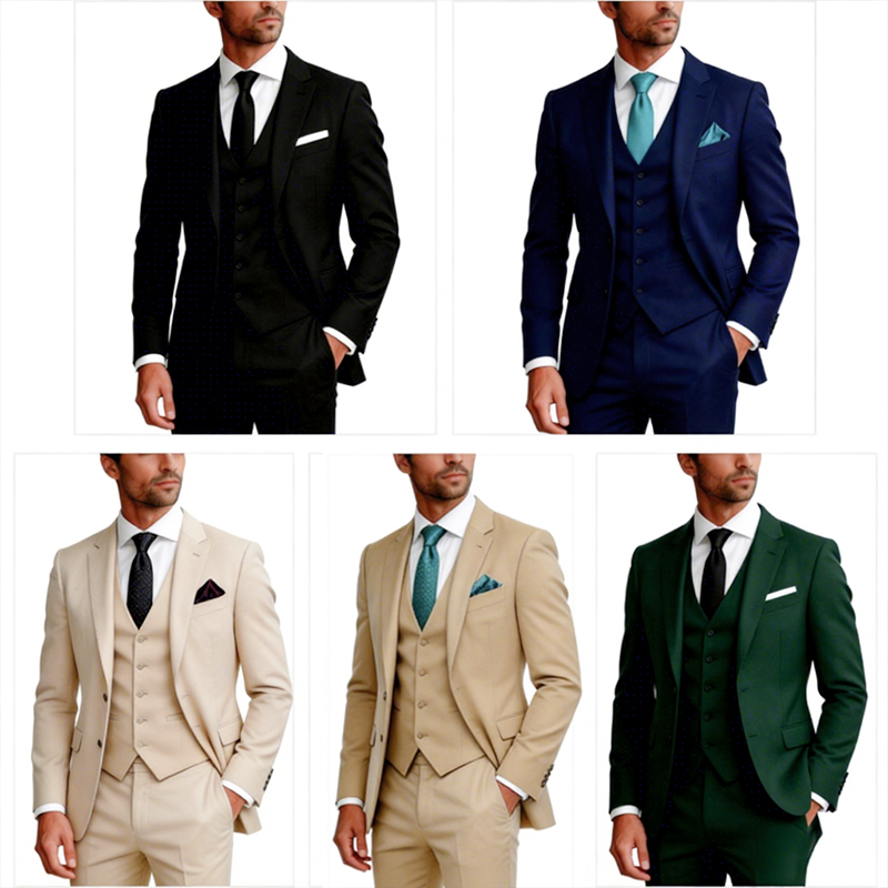 Neapolitan Slim Fit Men's Business Suit Single-Breasted Two-Button for Lapel Three-Piece TR Blend Solid Office Wedding Se