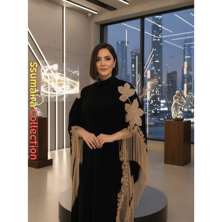 Luxury Black Nida Cape Abaya Gold Floral Embroidery Tassel Detail Natural Waist Elegant Modest Evening Wear Summer Velvet/Double