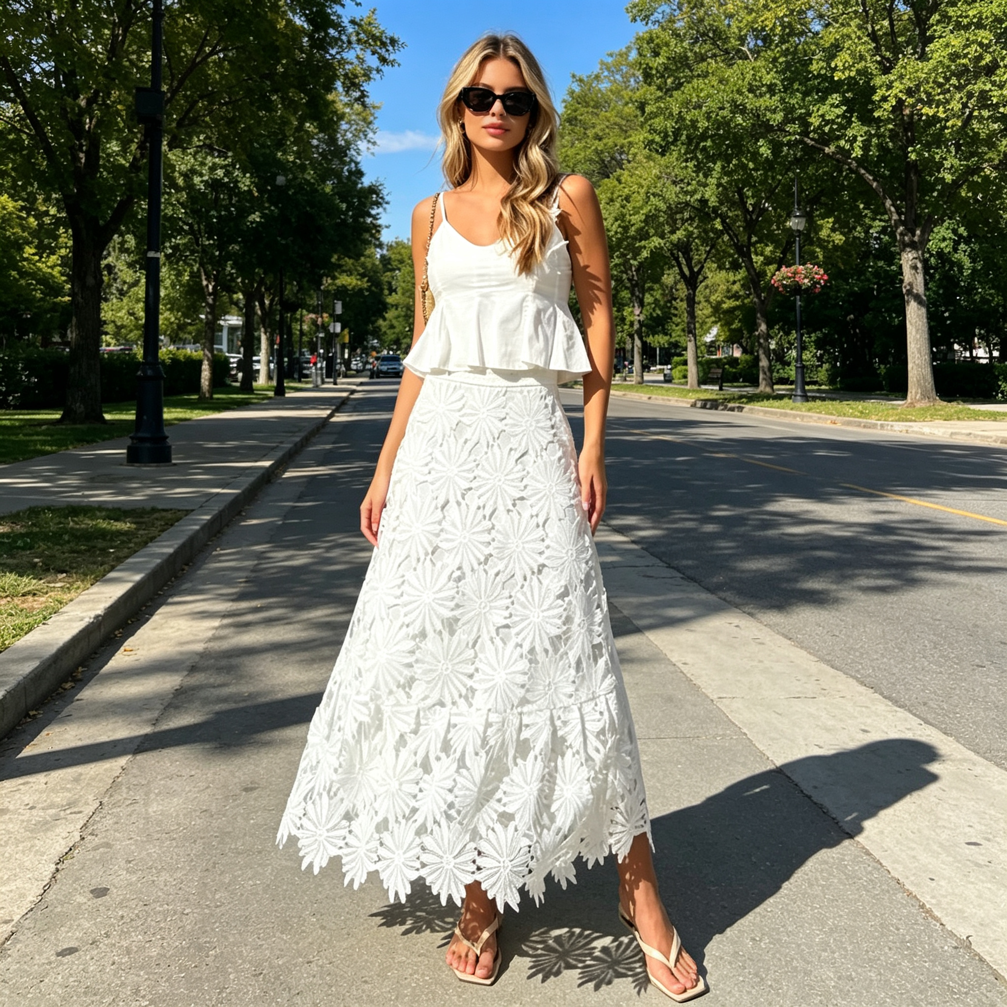 2026 Spring New Bohemian Niche Style Hollow-out Women's Elegant Spaghetti Strap Ruffle 3D Floral Applique Skirt Two-Piece Set