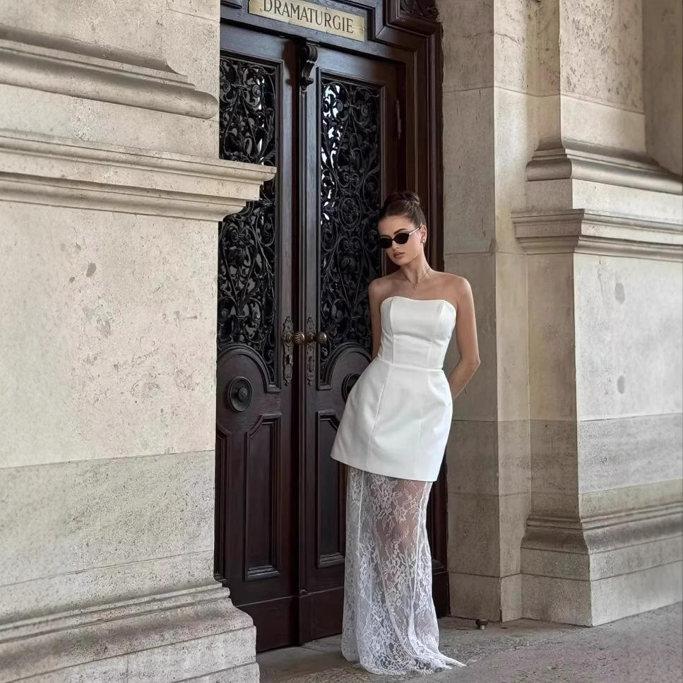 Women's Elegant White Strapless Two-Piece Outfit-Structured Fitted Top Floral Sheer Lace Maxi Skirt for Weddings Formal Events