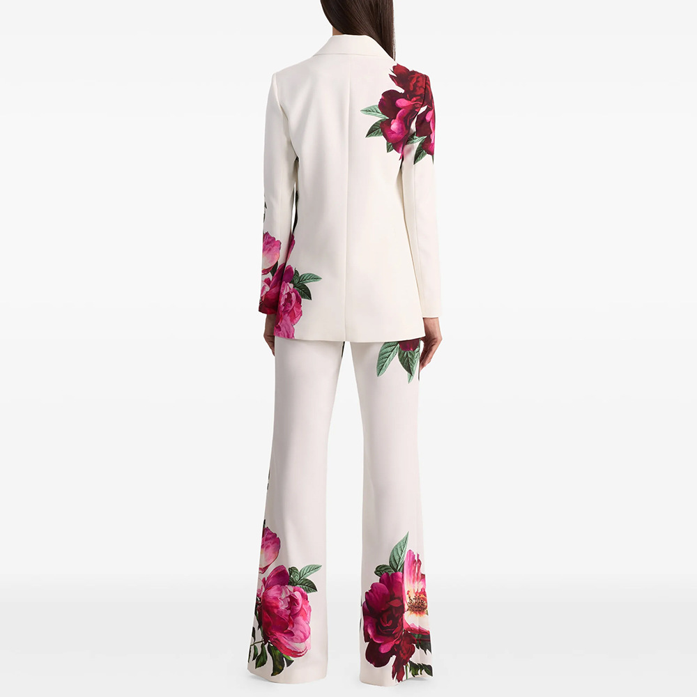 Oem Wholesale White Floral Print Blazer and Wide Leg Pants Two Piece Set Formal Business Party Suit for Women