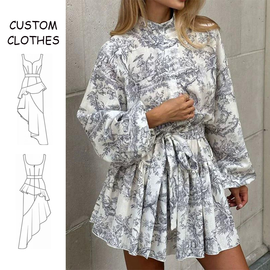 2024 Custom Women's Floral Pleated Dress Elegant Formal Knee-Length With Long Sleeves Natural Waistline