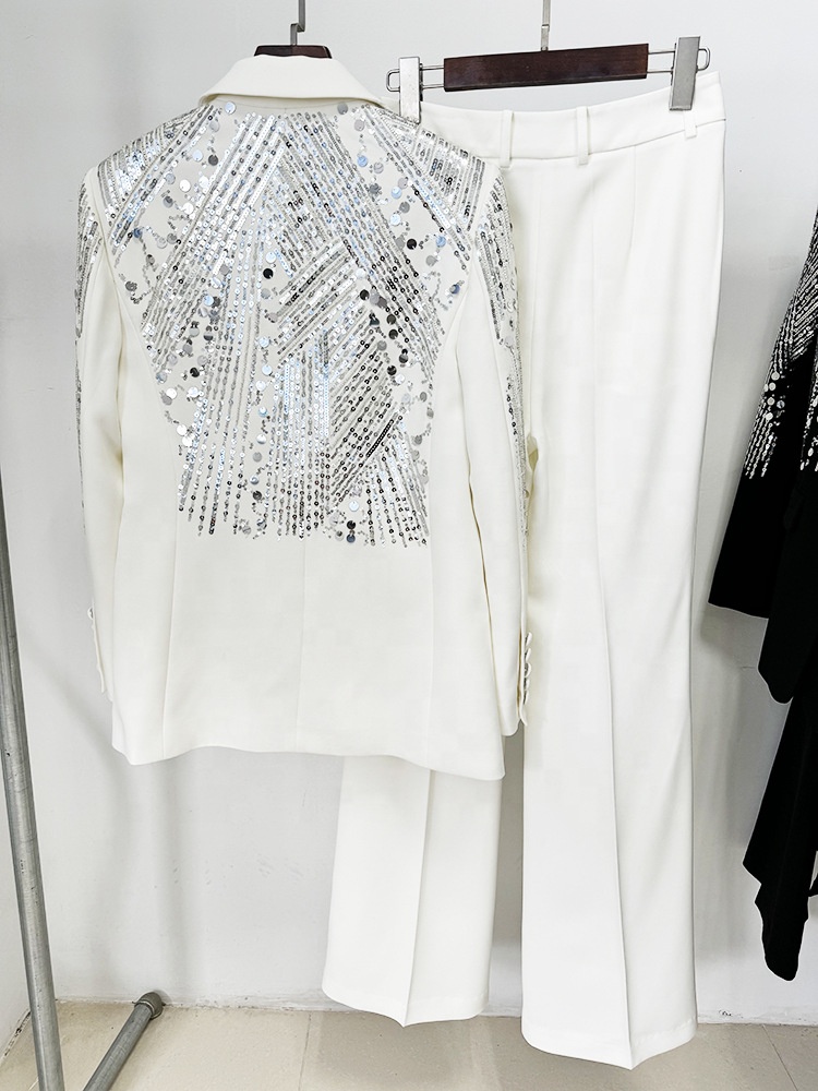 Women White Minimalist Style Blazer Suits Party Garment Long Sleeve Silver Sequined Embroidery Flare Pants Two Piece Set Outfits