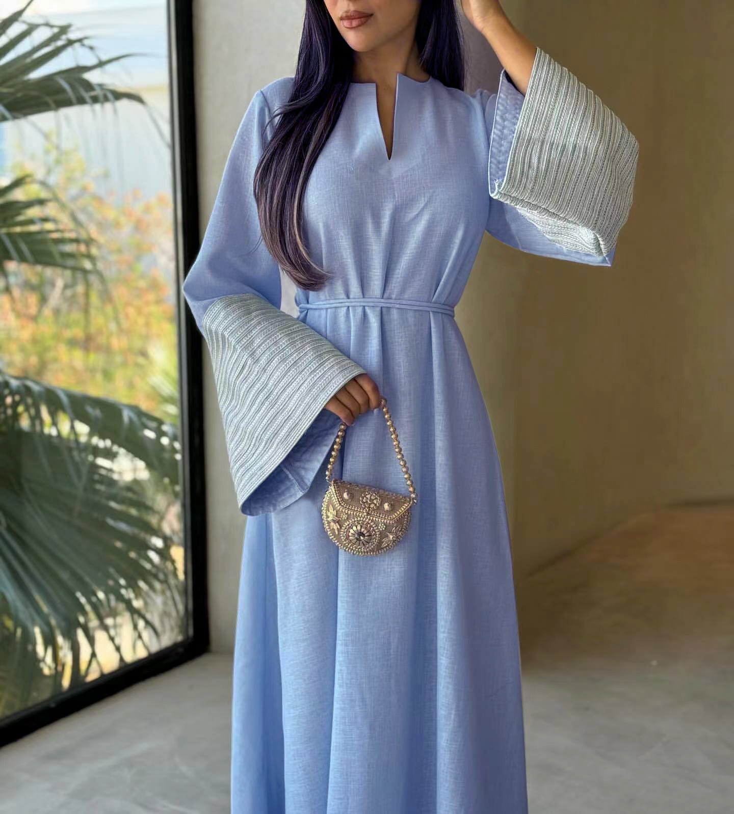 LM025 V-Neck Silver Embroidery Sleeves Textured Maxi Dress Closed Abaya With Belt Kaftan Arabic Muslim Women Modest