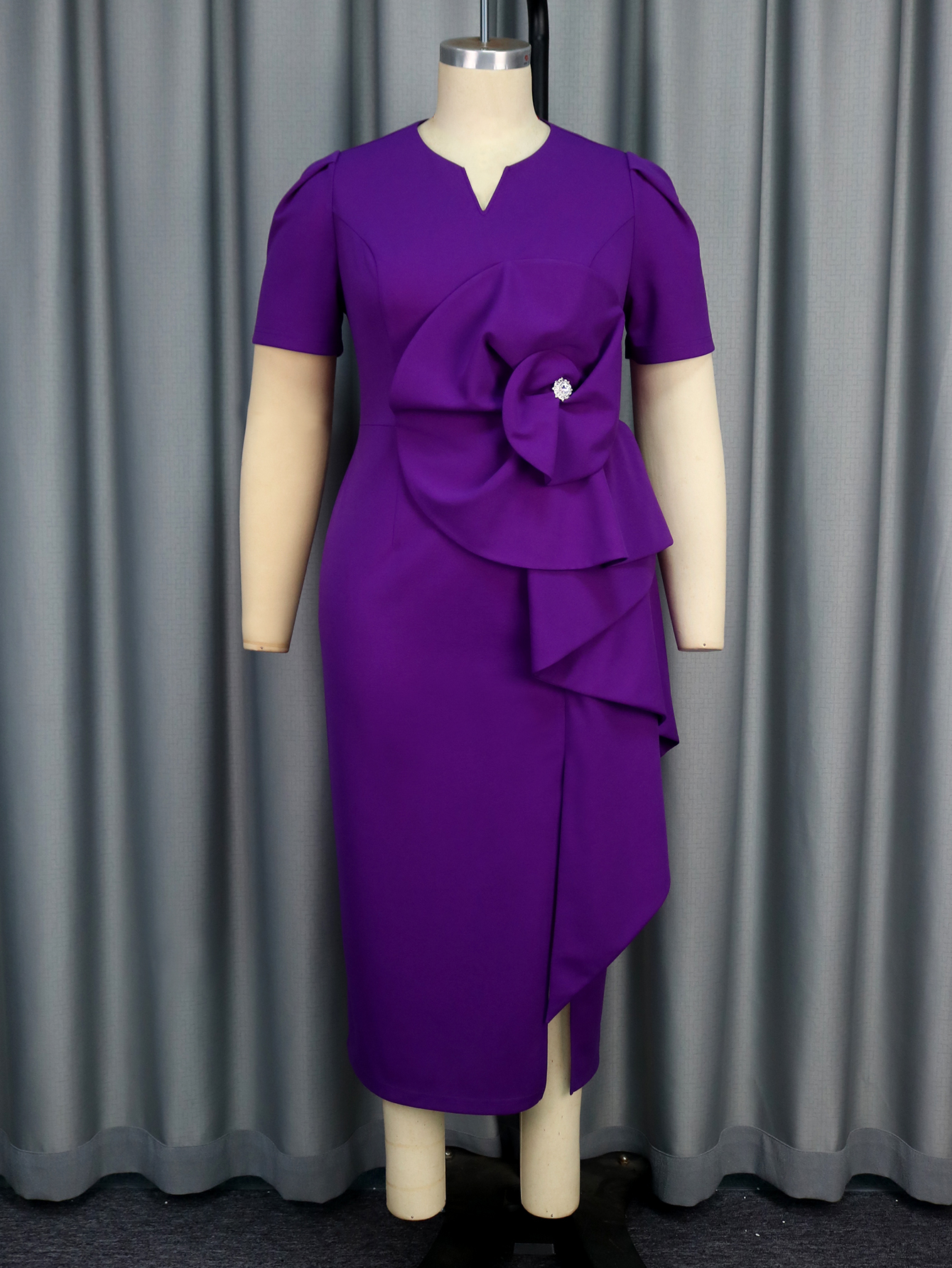 Summer 2025 New Design Flower Short Sleeves Split Bead Purple Interview Formal Women Career Dresses
