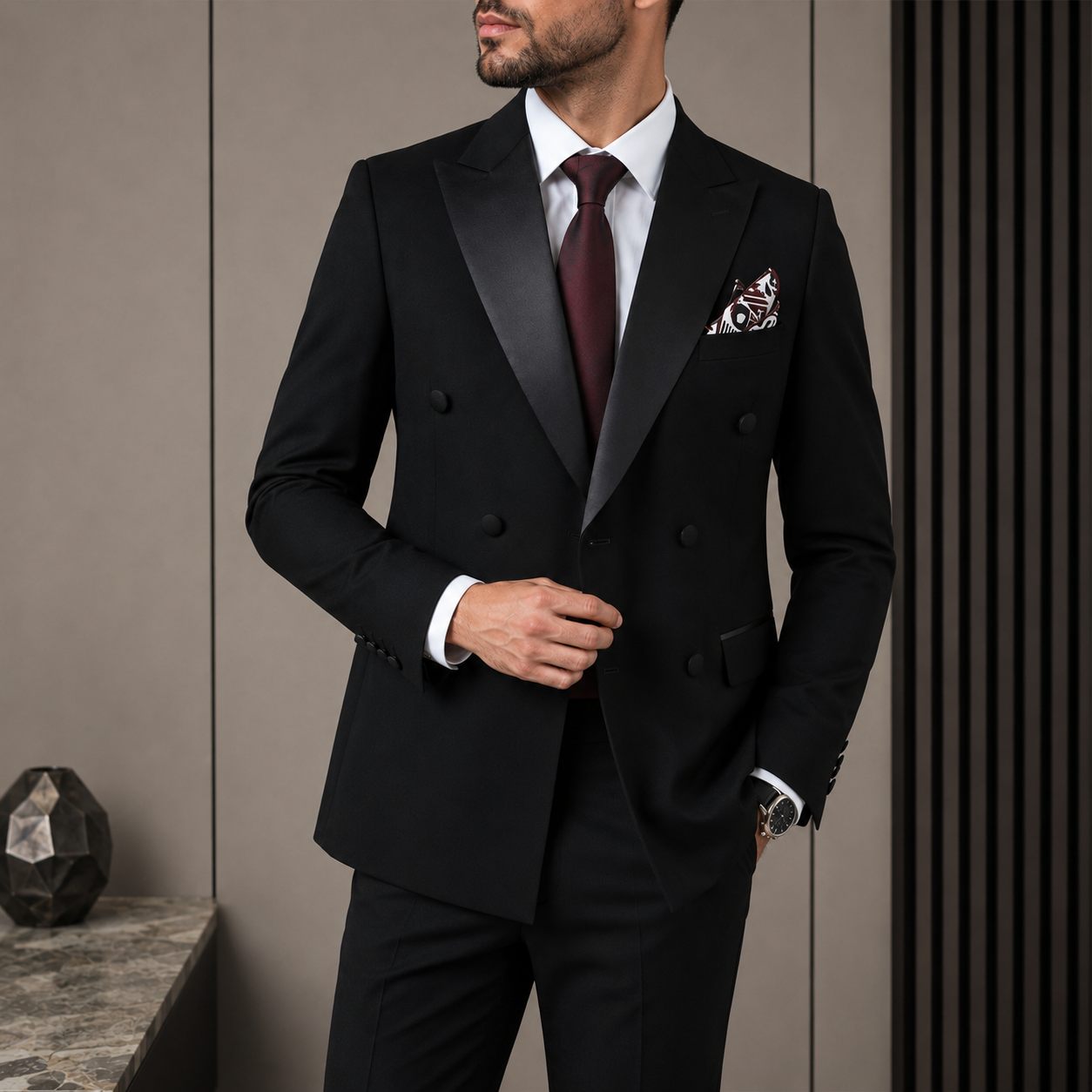 Luxury Custom Double Breasted Mens Italian Style Blazer Solid Black Slim Fit Anti-Wrinkle Worsted Fabric Formal Business Jacket