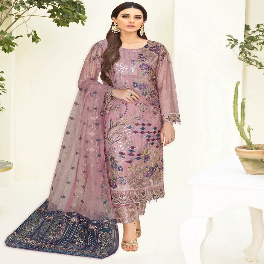 Ramsha NAYAB Luxury 3-Piece Embroidery Modern Lightweight Pakistani Branded Chiffon Floor-Length Sari Set Original Formal Party