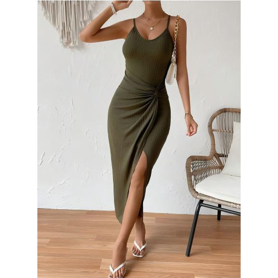 MIER 9131 Solid Knee Mini Formal V-neck Knitted A-Line Dress Outfit Slimming Elegant Eco-Friendly Comfortable Washable