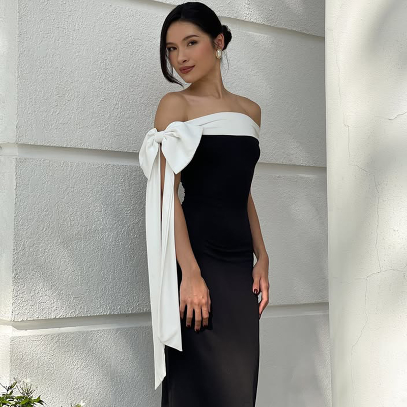 Minimalism Color blocking Ribbon bow off-shoulder fitted floor-length dress sexy elegant formal dress