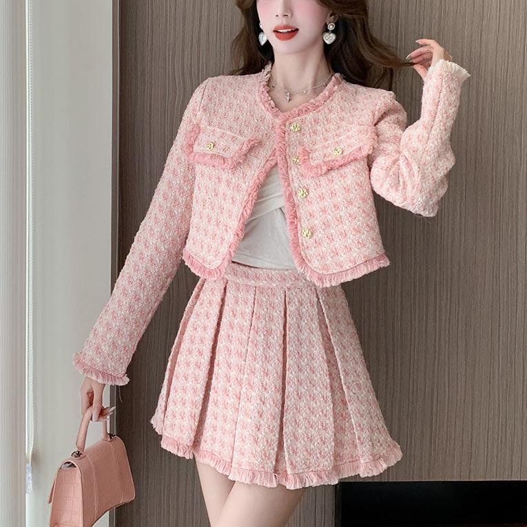 Autumn Casual Two Piece Set For Women Custom Pure Polyester Crew Neck Button Blazer Mini Pleated Skirt Solid Pink Tweed Suits