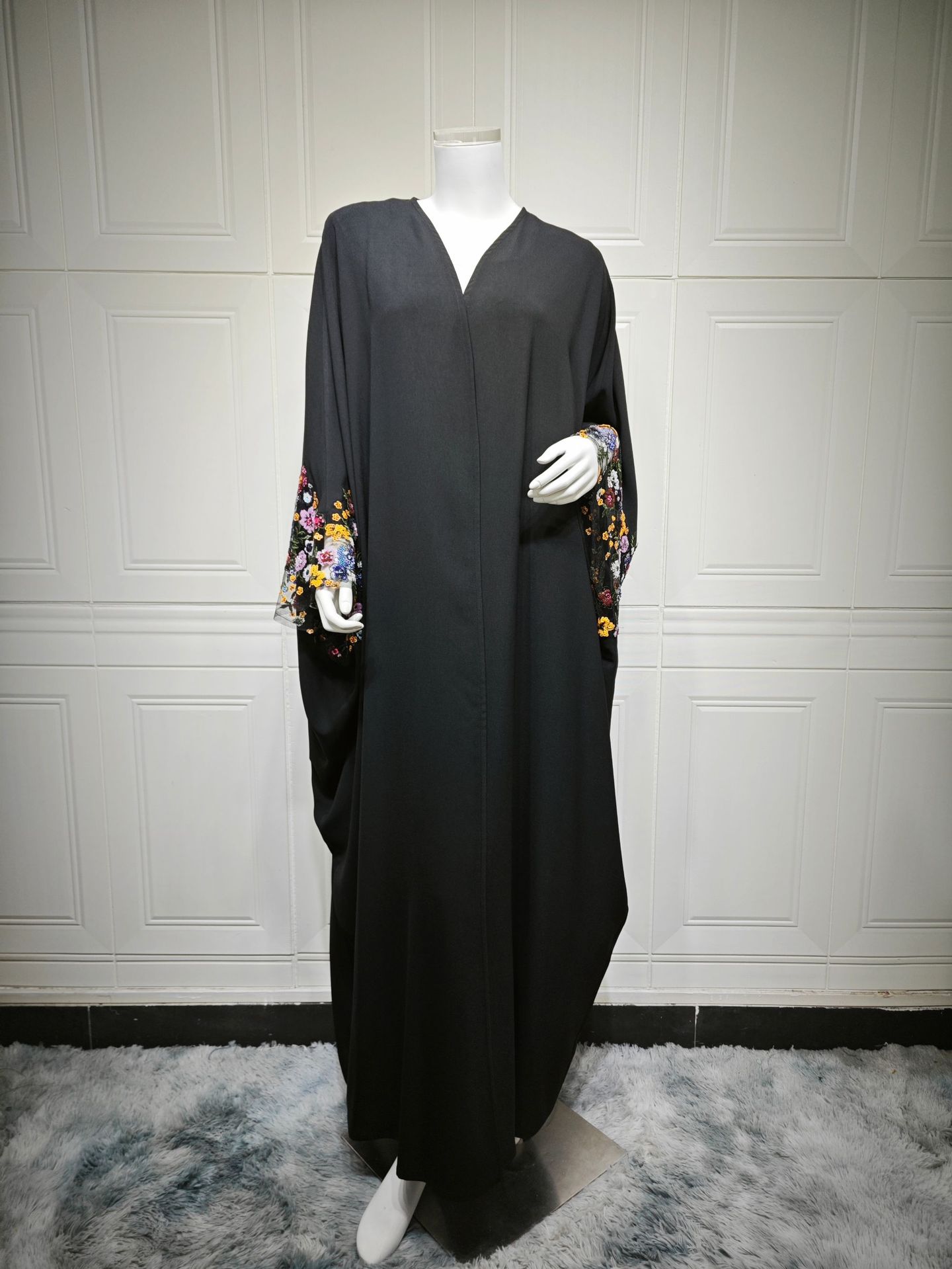 Modern Elegant Modest Muslim Fancy Hand Work Party Wear Abaya Style Black-Pink Floral Embroidered Dubai-Accessory Included
