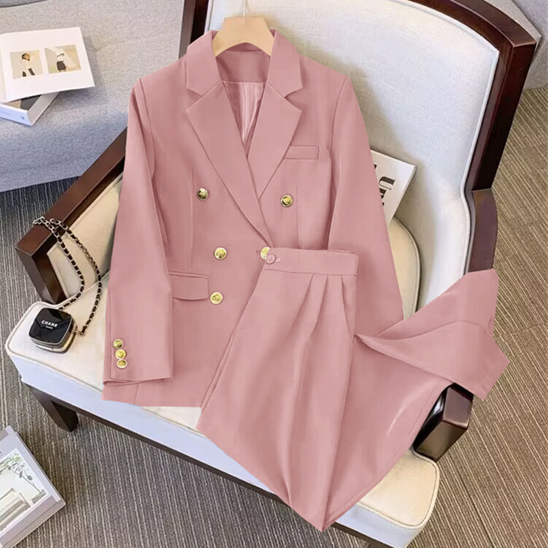 Women's Double Breasted Office Suit Hot Sale Casual Spring Autumn Two-Piece Set Clothes Button Decoration Lady Solid Color Suits