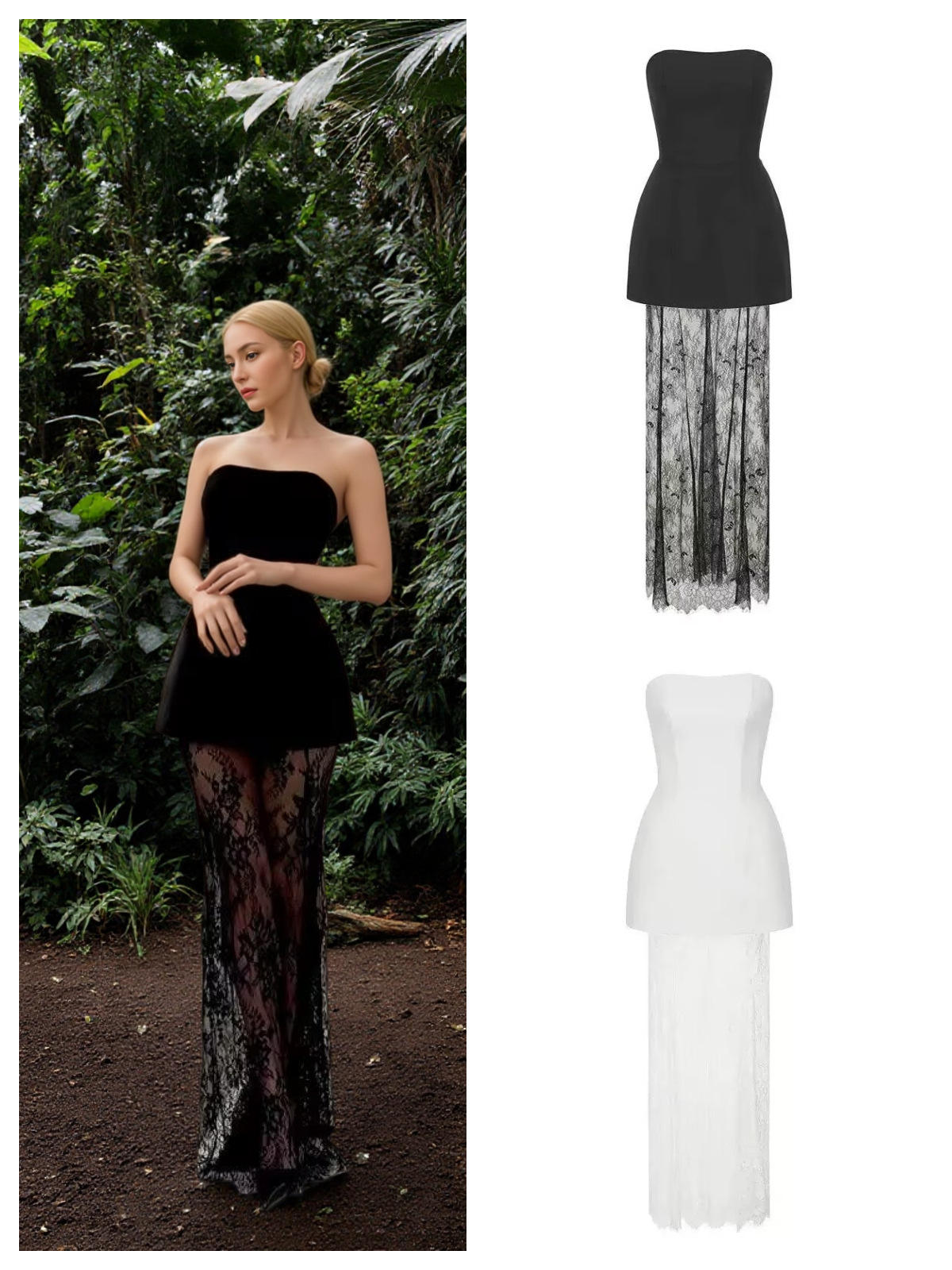 Women's Elegant White Strapless Two-Piece Outfit-Structured Fitted Top Floral Sheer Lace Maxi Skirt for Weddings Formal Events