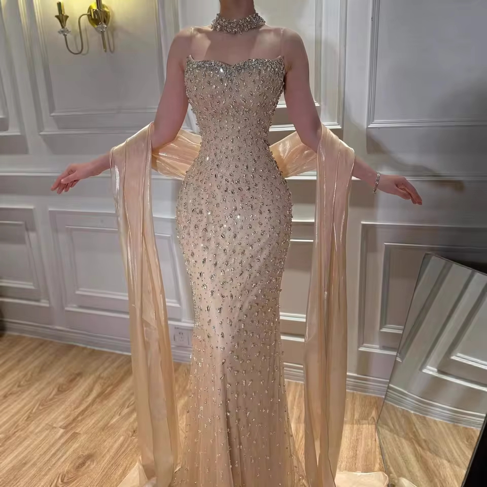 Nude/Pink/Blue 2026 Luxury Dubai Kosovo Designer Evening Dresses with Cape Gowns for Wedding Party Formal Evening Gowns LA73225