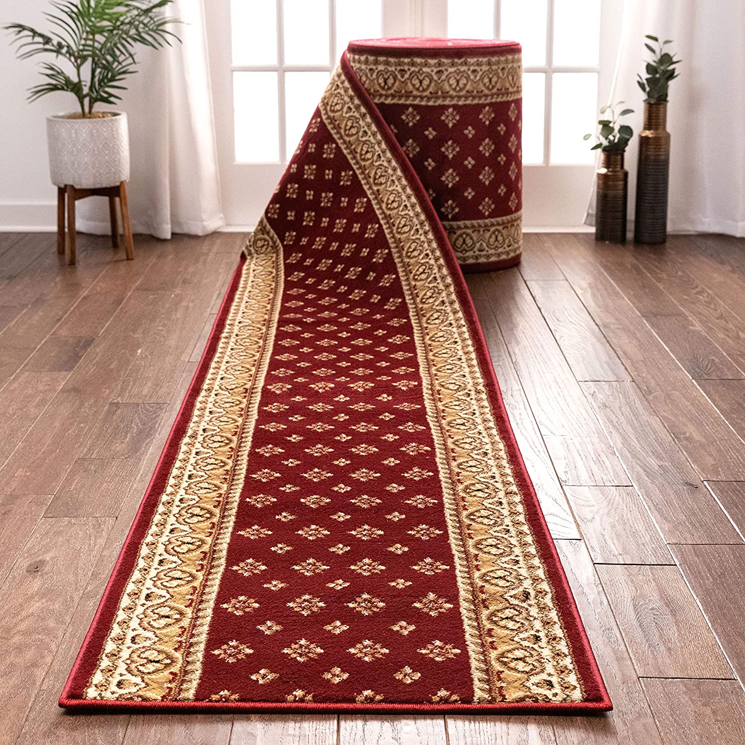 Noble Palace Red French European Traditional Floral Border Carpet Custom Size Runner