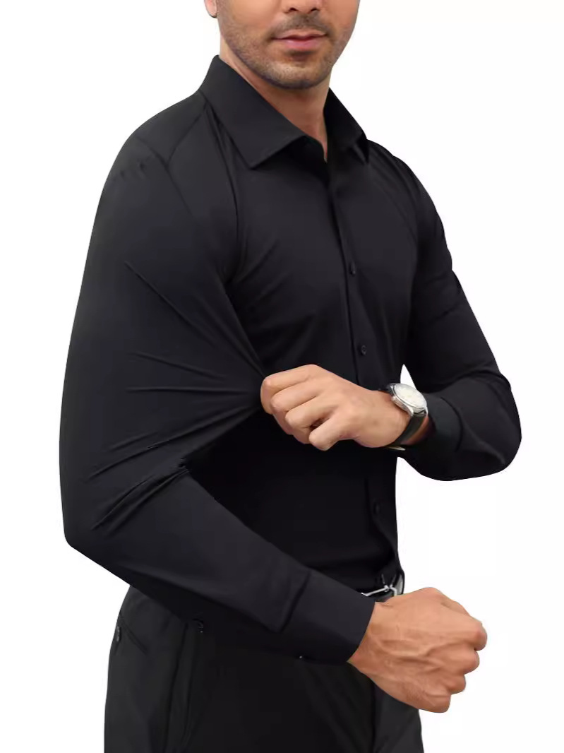 Non-Iron Four-Way Stretch Shirt Men's Business Casual Long Sleeve Solid Color European Size Shirt For Men Ready Stock
