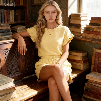 Yellow Ruffle Short Sleeve Top and Drawstring Shorts Set - Chic Women's Summer Casual Wear