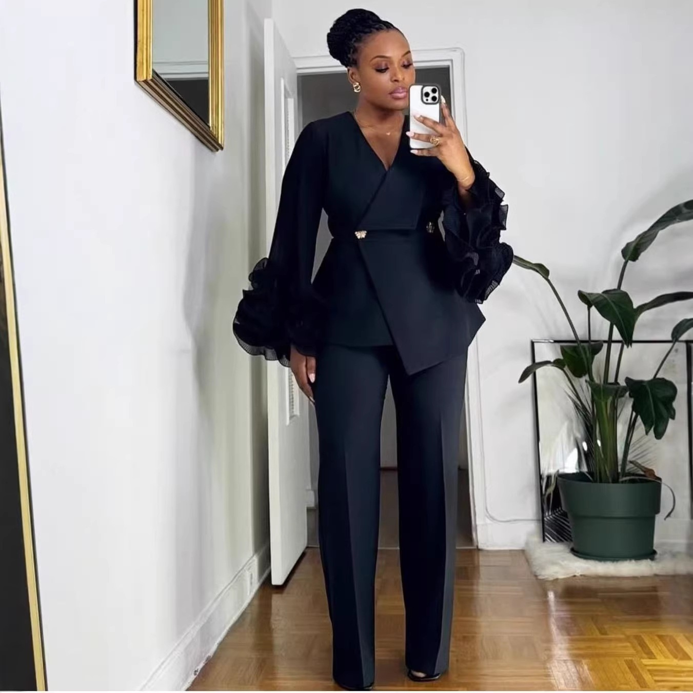 26 Spring/Summer New Style Women's Formal Suit Set Long-Sleeve Blazer Lace Decoration Velour Fabric Matching Trousers