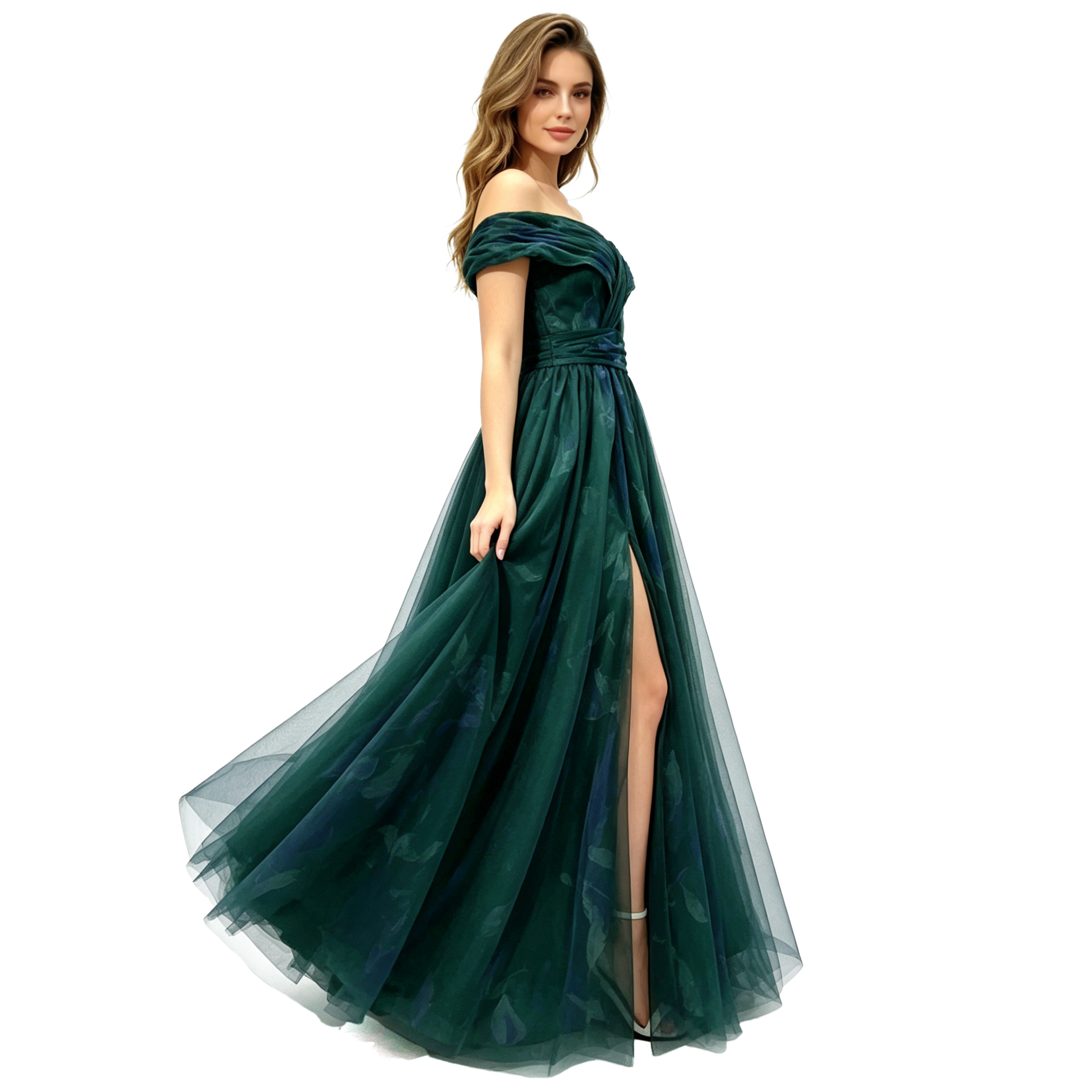 L elegant Dark Green Tulle Prom Dress Off Shoulder High Slit Evening Gown Party Wedding Bridal Gowns Formal Bridesmaid Dresses