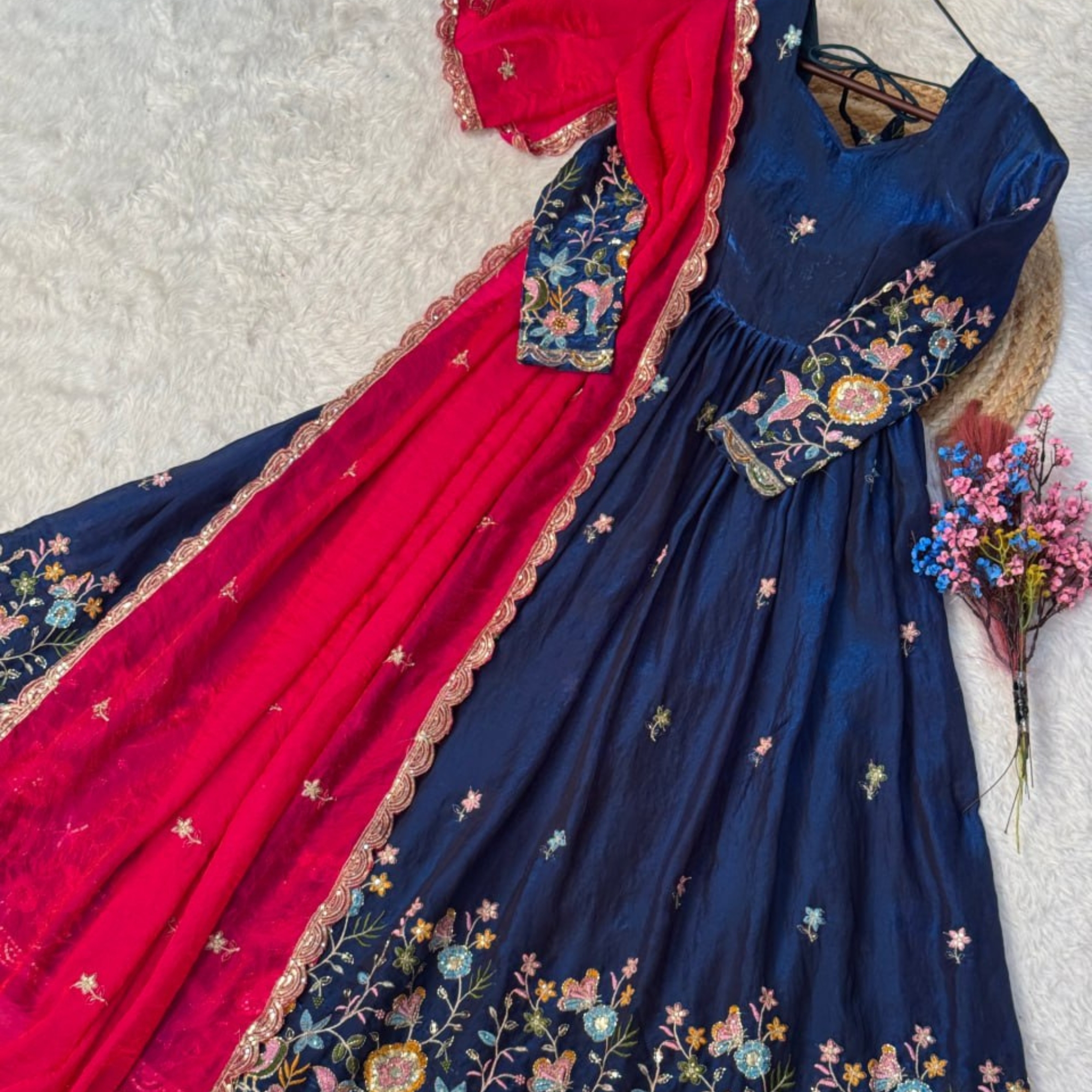 New Collection of Embroidered Zari Work Anarkali Gown Silk Salwar Kameez for Wedding and Party Model Number Fancy