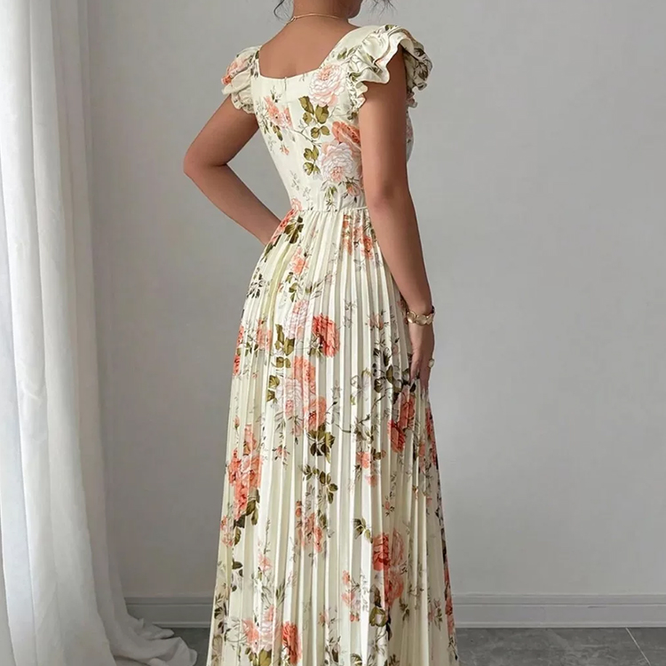 Square Neck Ruffle Sleeve High Waist Pleated Floral Eco-Friendly Breathable Casual Floor-Length Maxi Dress