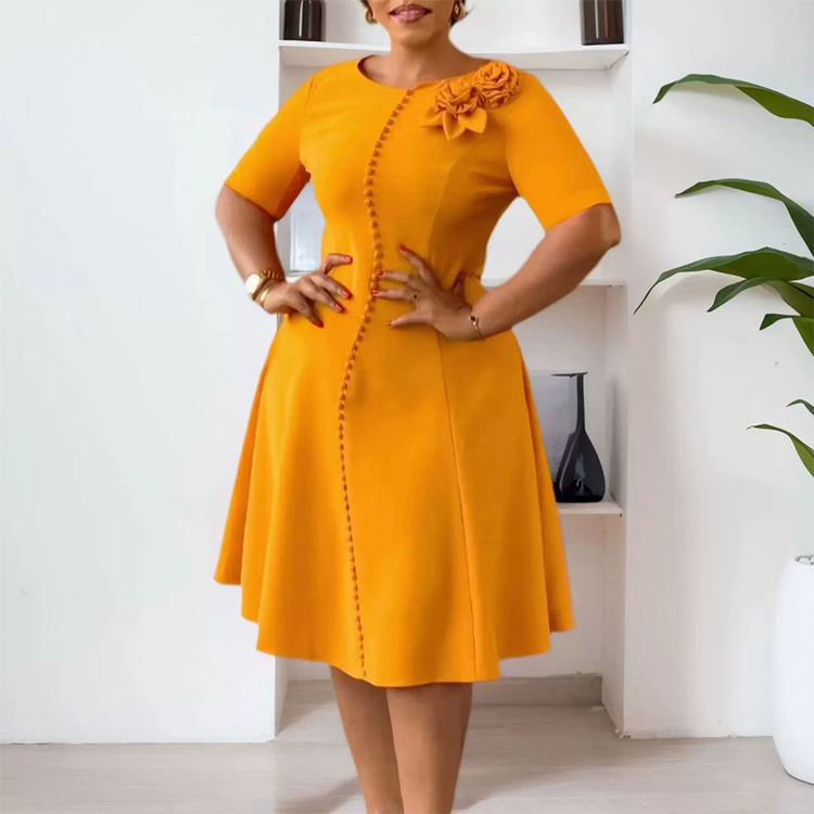 custom Casual plus size office dress O-Neck Solid Color A-Line party dress Half Sleeve Pleated formal dress for women elegant