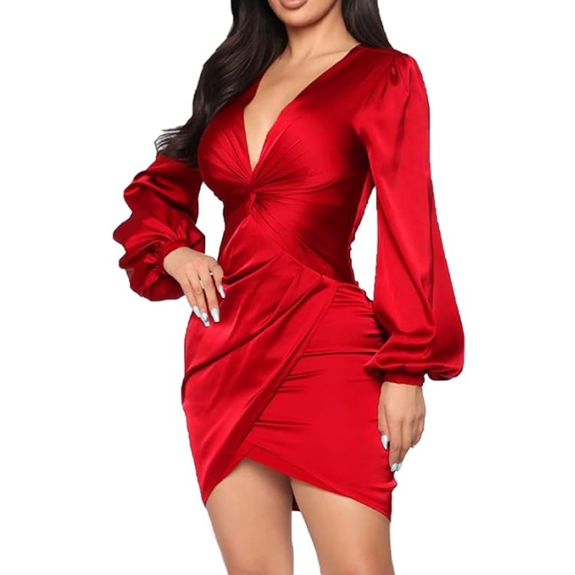 Womens Casual V Neck Twist Ruched Formal Bodycon Zipper Graduation Dresses-Elegant Cocktail Party Wedding Midi Dress