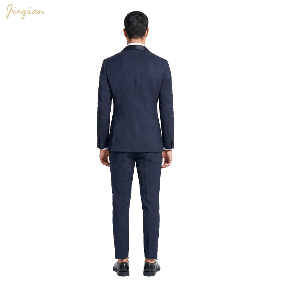 OEM ODM Custom Men's Suit Navy Blue Double Breasted Satin Peak Lapel Blazer Tuxedo Wedding Party Formal Wear 2 Piece Set