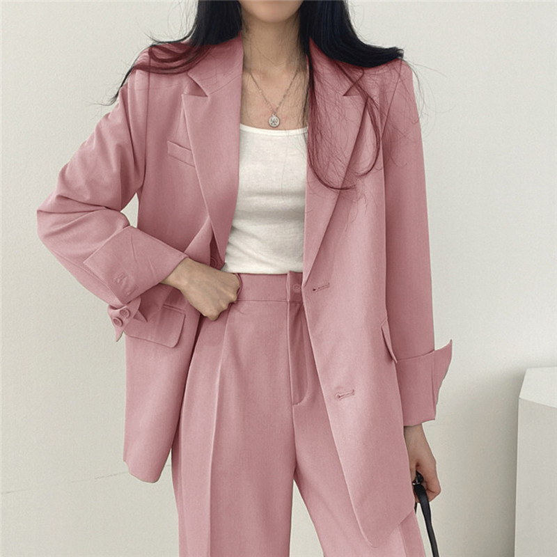 2026 Women's Pink Button Design Korean Style Small Suit Set for Formal Office Wear Long Clothing