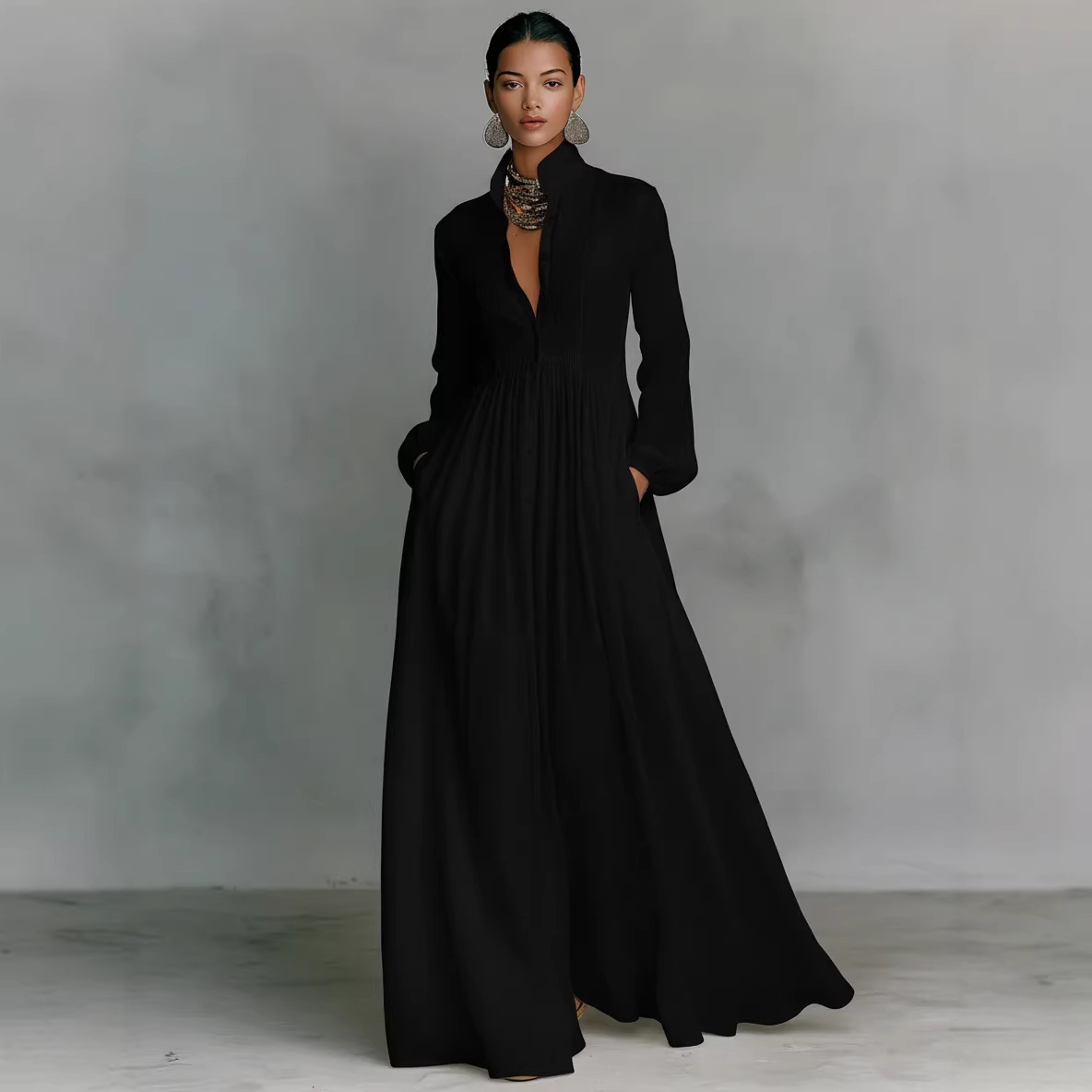 2026 Cross-border Spring/Summer New Elegant Waist-Cinching Figure-Flattering Long-Sleeve Pleated White One-Piece Cashmere Dress