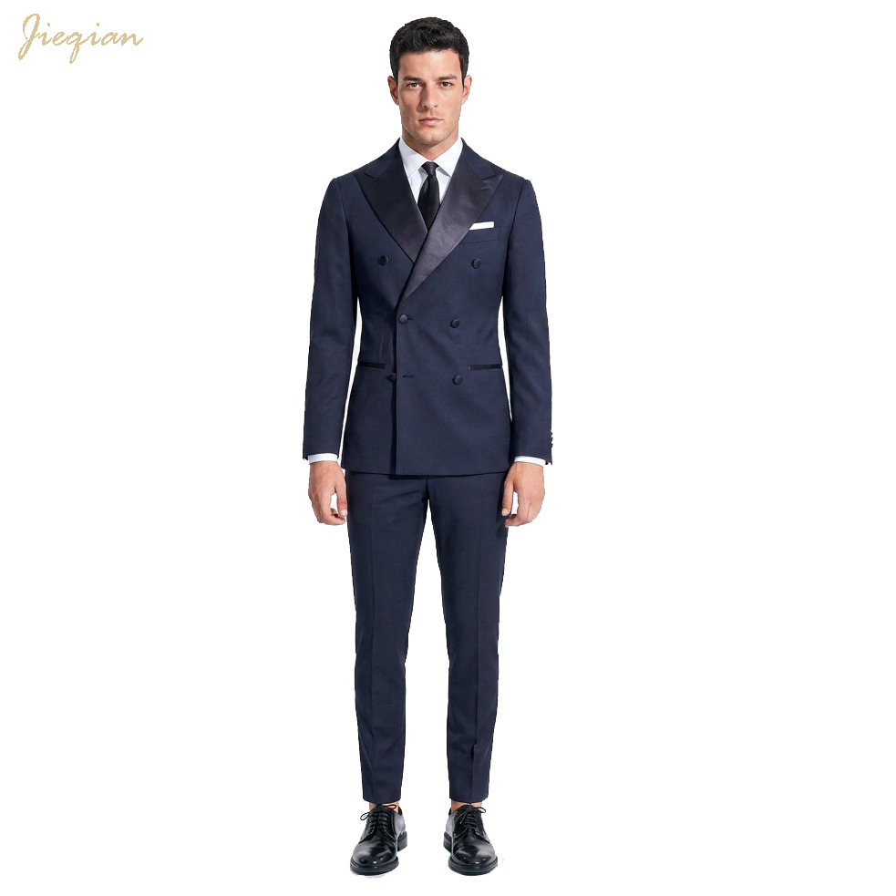 OEM ODM Custom Men's Suit Navy Blue Double Breasted Satin Peak Lapel Blazer Tuxedo Wedding Party Formal Wear 2 Piece Set