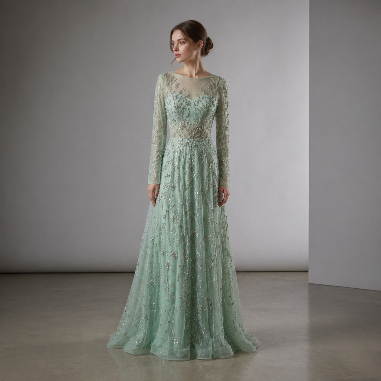 Luxury Modern Long Sleeve Embroidered Sequin Tulle A-Line Evening Gown | Natural Waist Women's Formal Wear Designer 2026 New