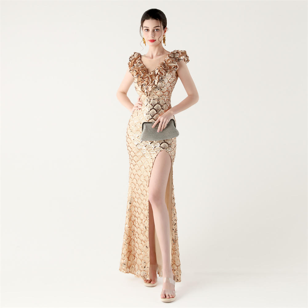 33176# 2025 New Fish Scale Sequin Ruffle Fishtail Slim Evening Dress for Formal Occasions and Banquets