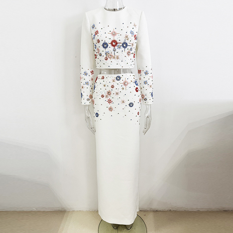 Ocstrade Wholesale Winter Beaded Diamond Skirt Sets Women 2 Piece Outfits Long Sleeve Two Piece Dress Set Women Clothing Elegant