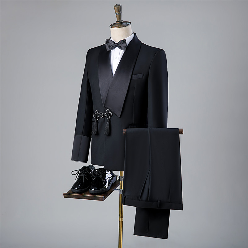 Men's Business Casual Formal Attire Chinese Style Shawl Collar Suits for Dinner Party Wedding Banquet Plus Size Groom's Outfit