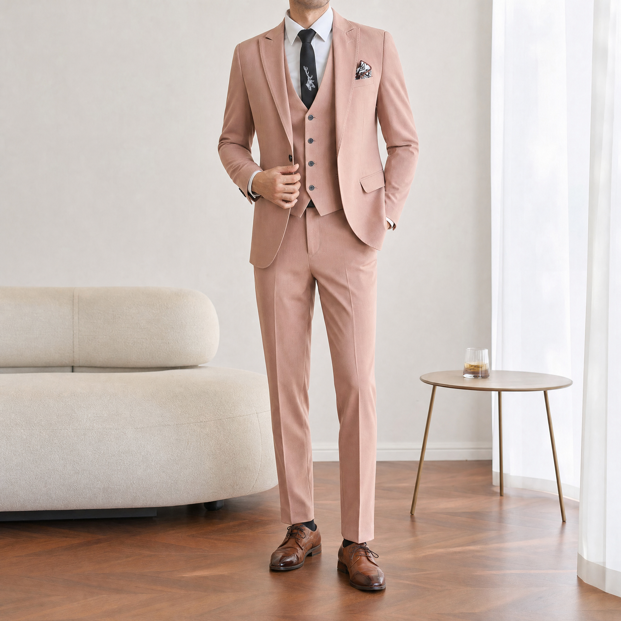 Elegant Pink Single Breasted Slim Fit Men's Suit 3-Piece Set Anti-Wrinkle Wedding Groom Formal Business Party Blazer Jacket