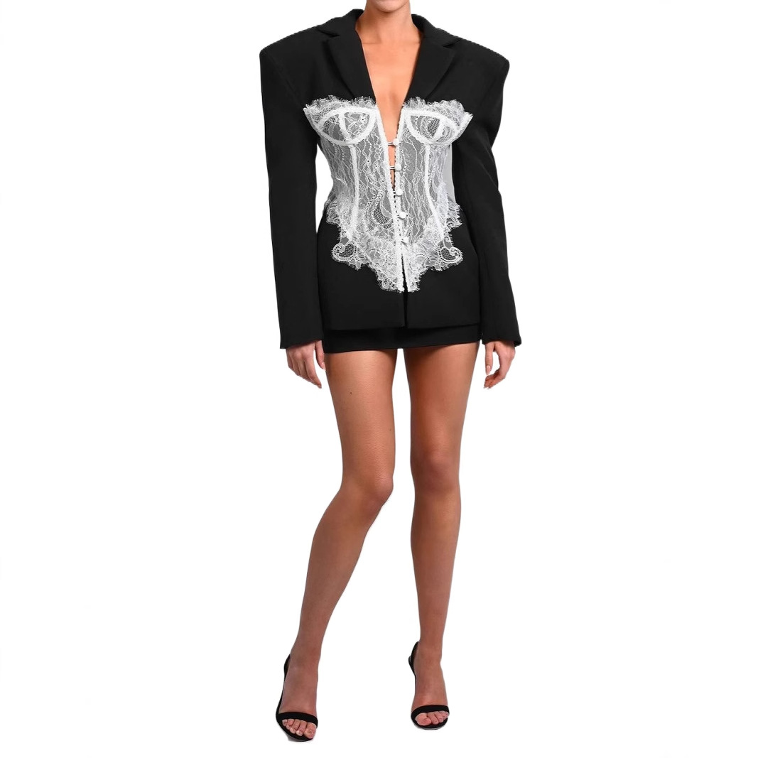 New Crisp Lace Suit Women's High-Grade Slim Fit Slimming Waist-Tight Padded Shoulder Formal Wear Small Suit
