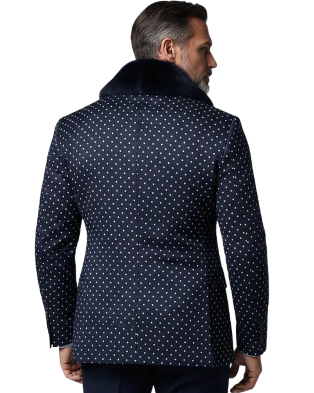 Mens Navy Blue White Polka Dot Fur Shawl Collar Blazer Jacket Luxury Winter Fashion Formal Wear Stylish Premium Designer Coat