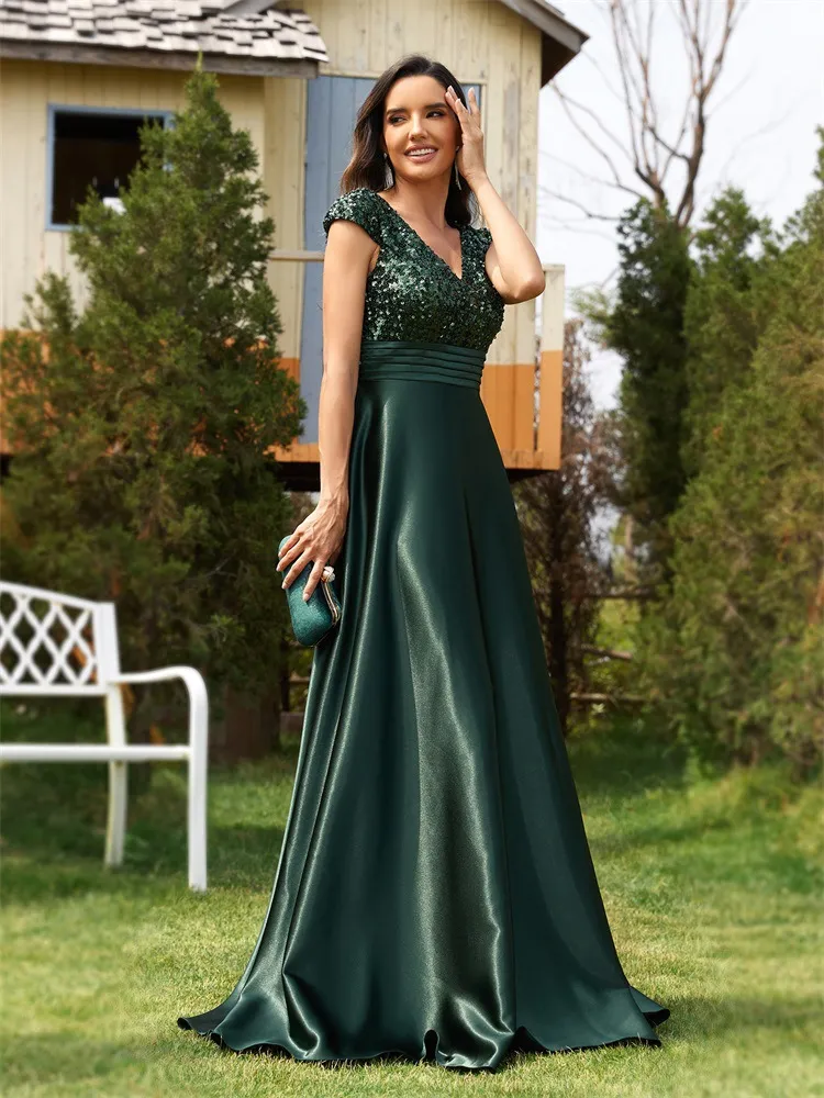 New Sequin V-Neck Satin A-Line Evening Party Dress for Women, Elegant Long Gown