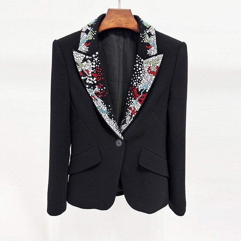 OEM High End Elegant Black Formal Evening Party Business Tailored Designer Outerwear Luxury Crystal Lapel Women Blazer Jacket