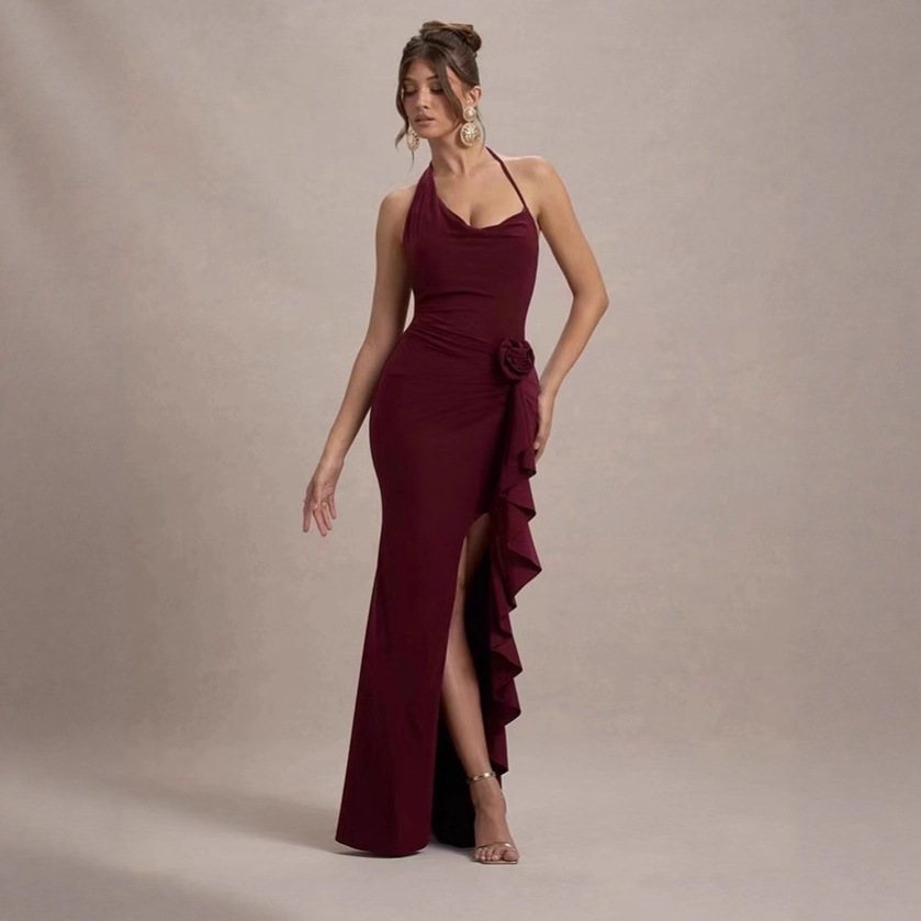 Sexy Niche Irregular Hanging Neck Slim Split Formal Evening Dress Women's Wholesale Quick Dry Polyester Spandex