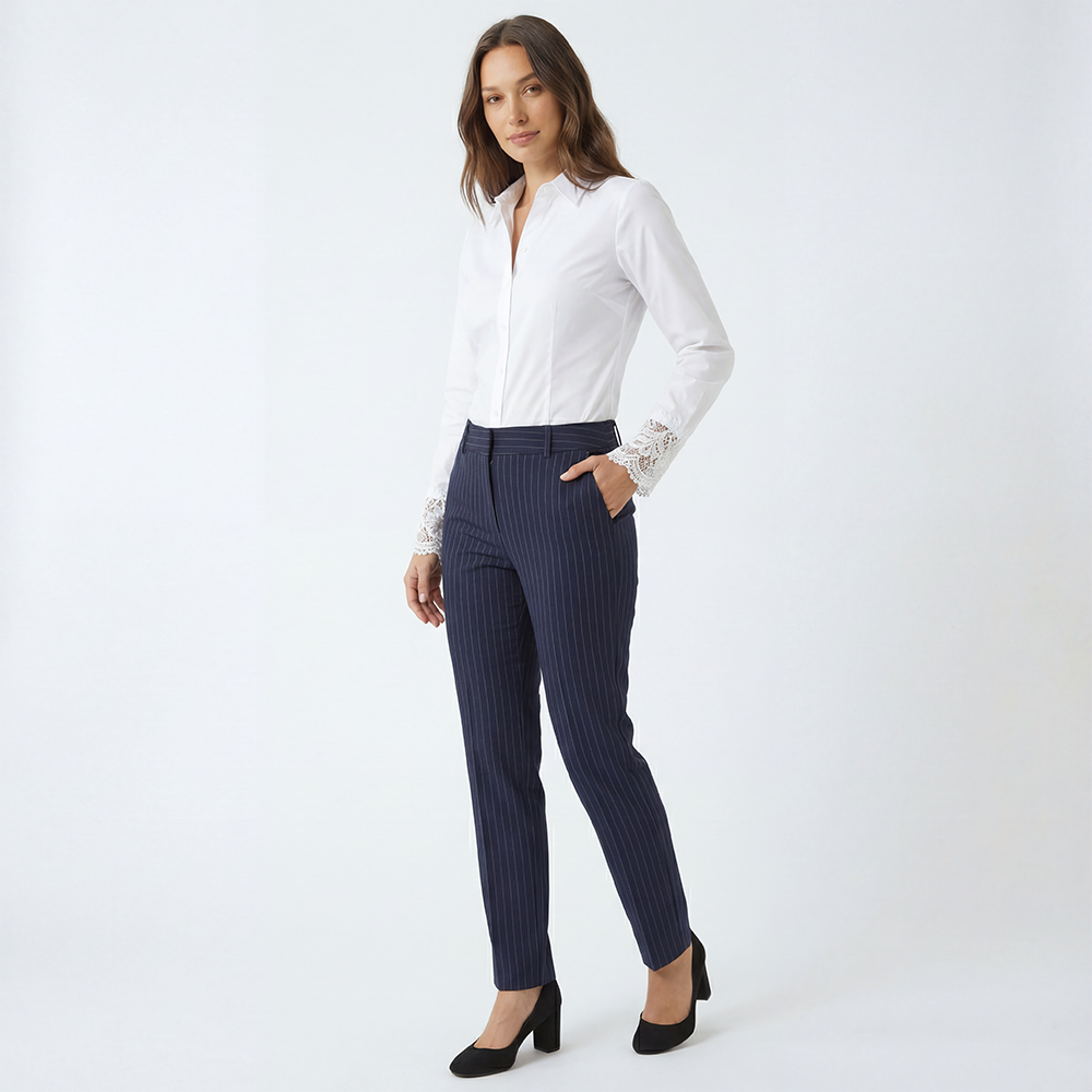 OEM ODM Women's 2 Piece Maxi Loose Modal Office Outfit White Lace Cuff Shirt &amp; Navy Pinstripe Pants Set Business Casual Workwear