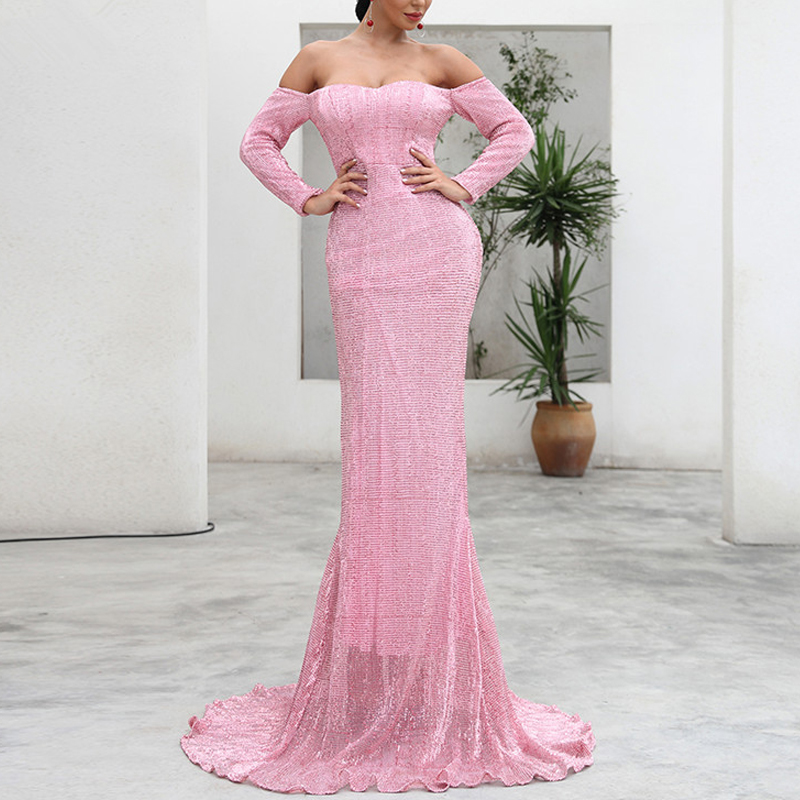 Red Carpet Dress Feminine V-neck Long-sleeved Off-shoulder Glitter Party Ball Gown Evening / Formal Dresses Women Clothes Adults