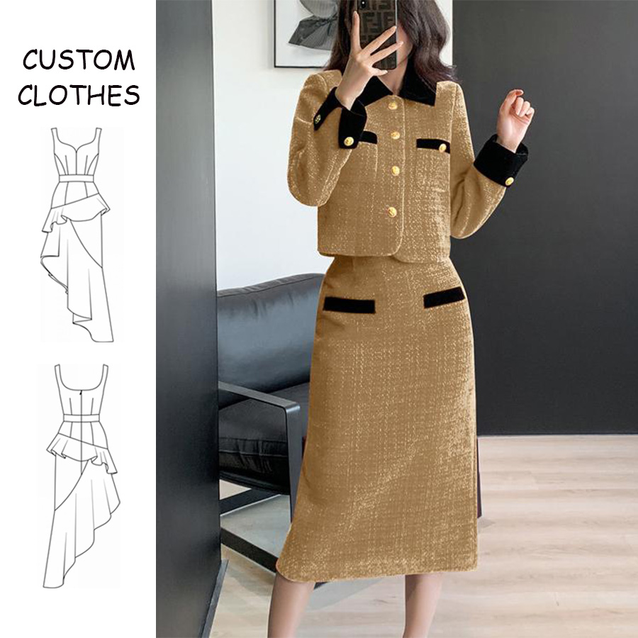 Polyester Casual Autumn Solid Button Pockets Turn Down Collar Khaki Women's Two Pieces Tweed Midi Skirt Suit Jackets Blazer Set